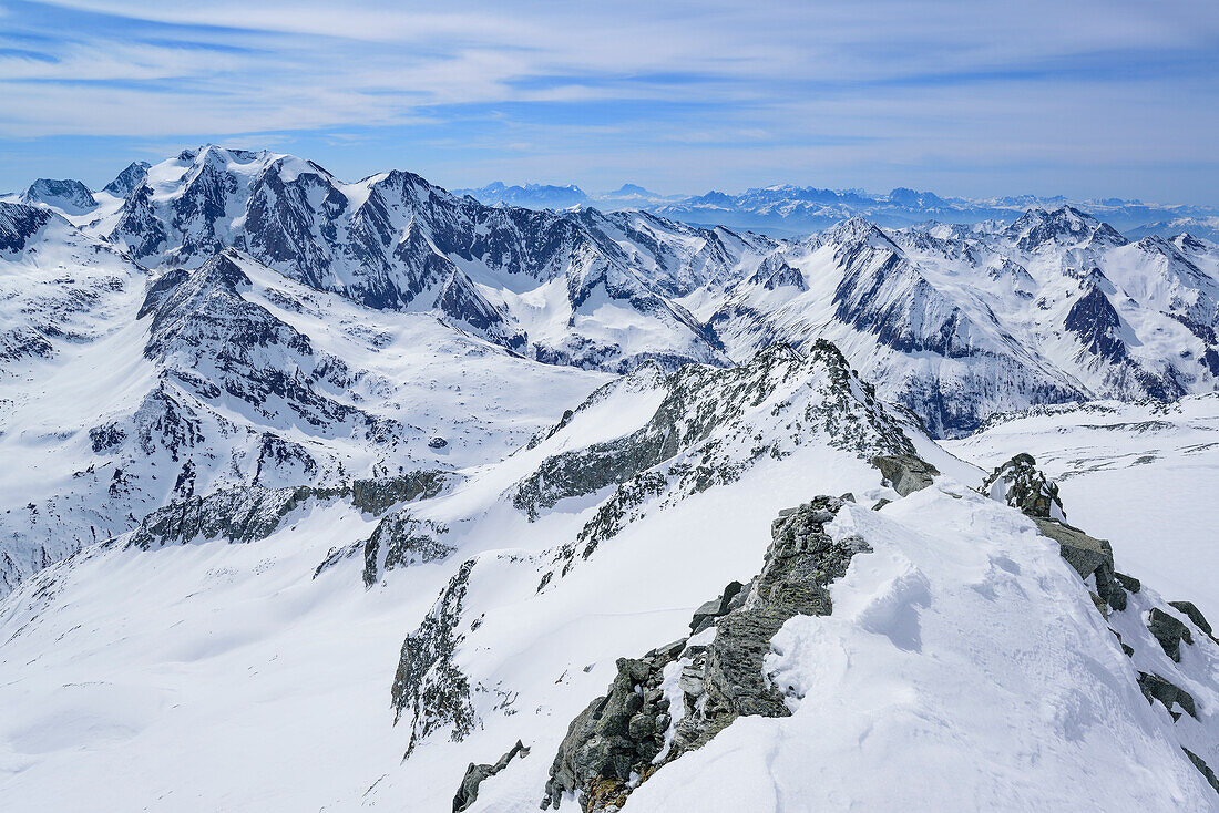 View towards Hochferner from Schrammacher, Schrammacher, valley of Pfitsch, Zillertal Alps, South Tyrol, Italy
