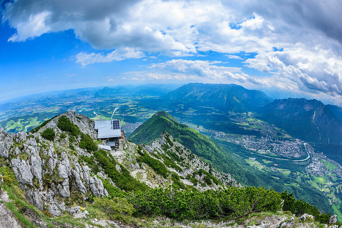 Hut Reichenhaller Haus at Hochstaufen with view to valley of Sal, hut Reichenhaller Haus, Hochstaufen, Chiemgau Alps, Chiemgau, Upper Bavaria, Bavaria, Germany