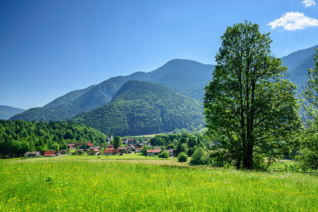 View towards Kreuth and valley of Tegernseer Tal, Kreuth, Bavarian Alps, Upper Bavaria, Bavaria, Germany
