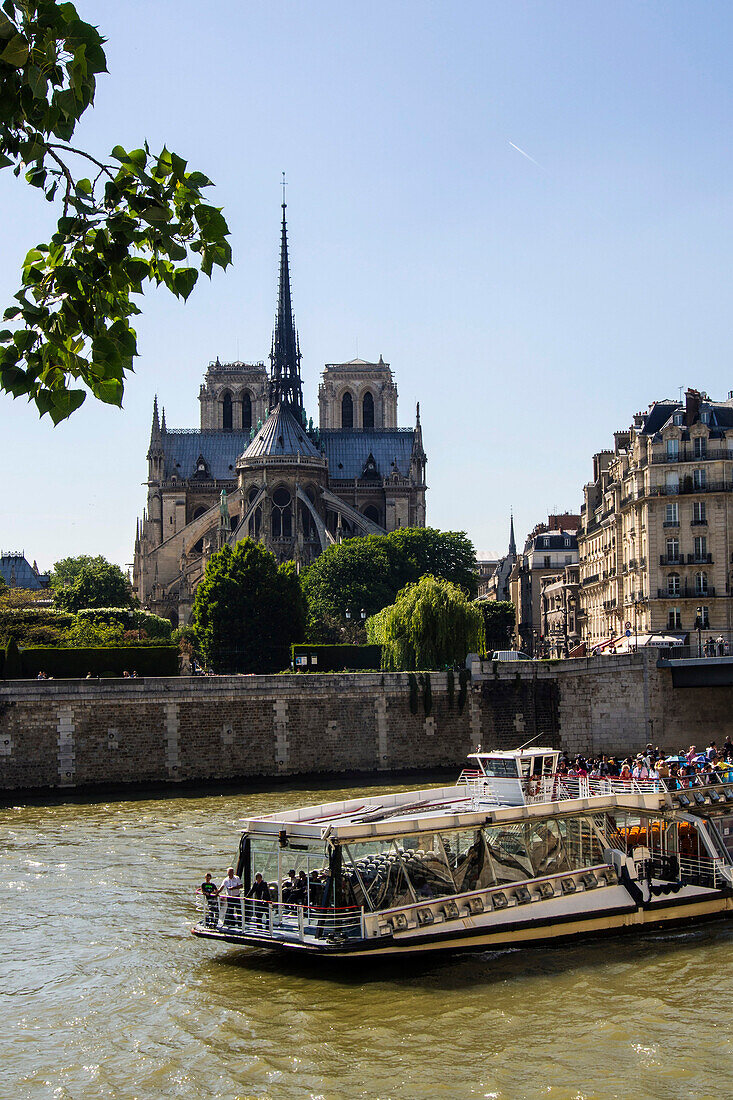 France, Paris, Bateau Mouche (excursion boat) along the Seine between Ile de la cité and Notre Dame cathedral