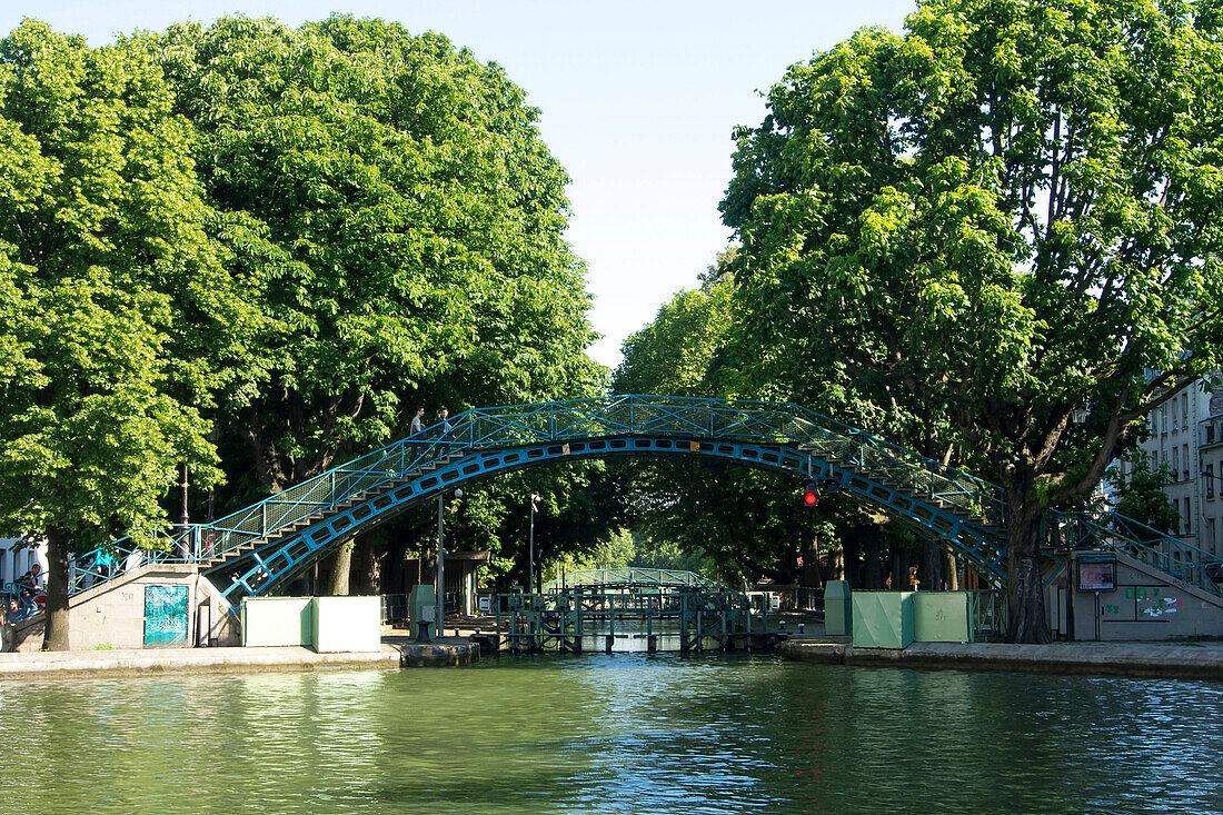 France, Paris, footbridge over Canal St Martin along quai de Jemmappes