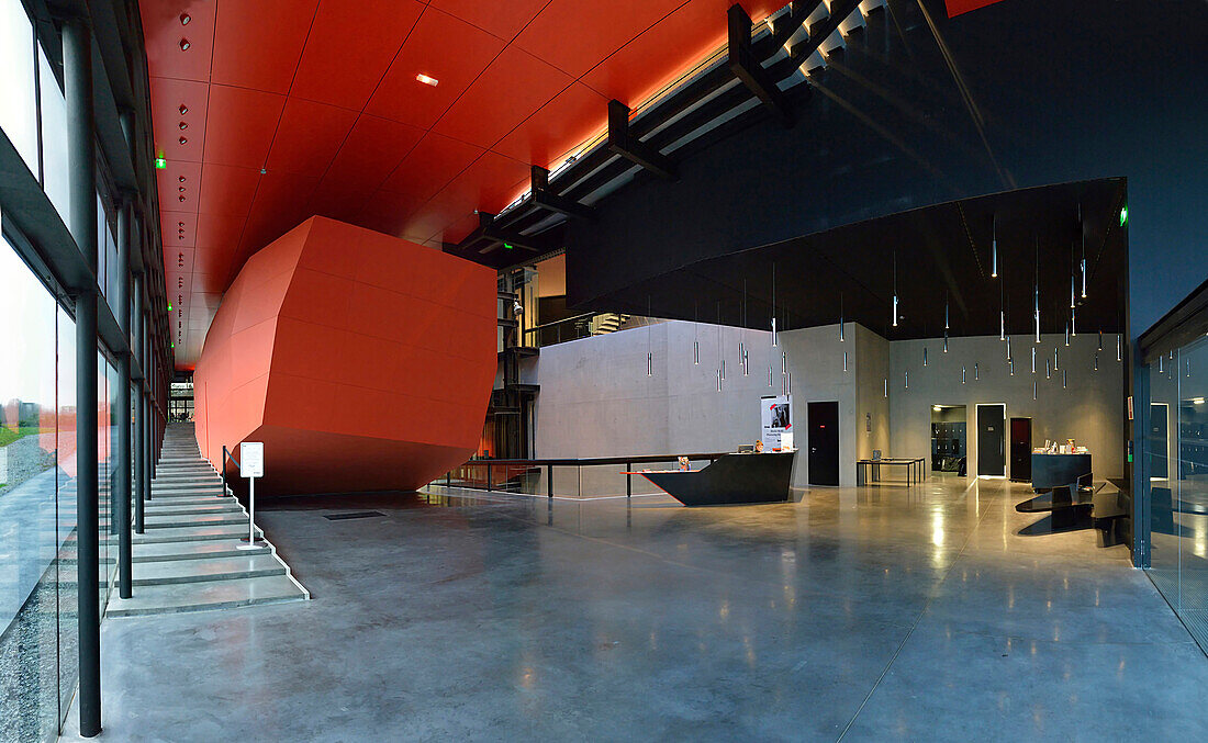 Europe,France, input Frac Rennes hall. Red building, reception desk and canopy  (architect Odile Decq)
