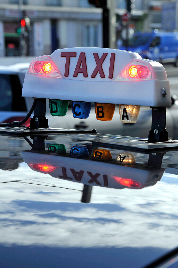 France, Loire-Atlantique, close-up of taxi illuminated sign in Nantes city.