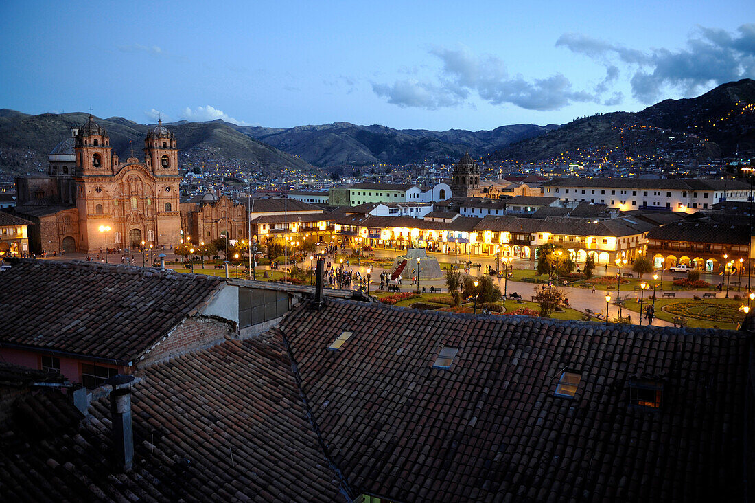 Cuzco Cathedral and Plaza de Armas at dusk in Peru,South America