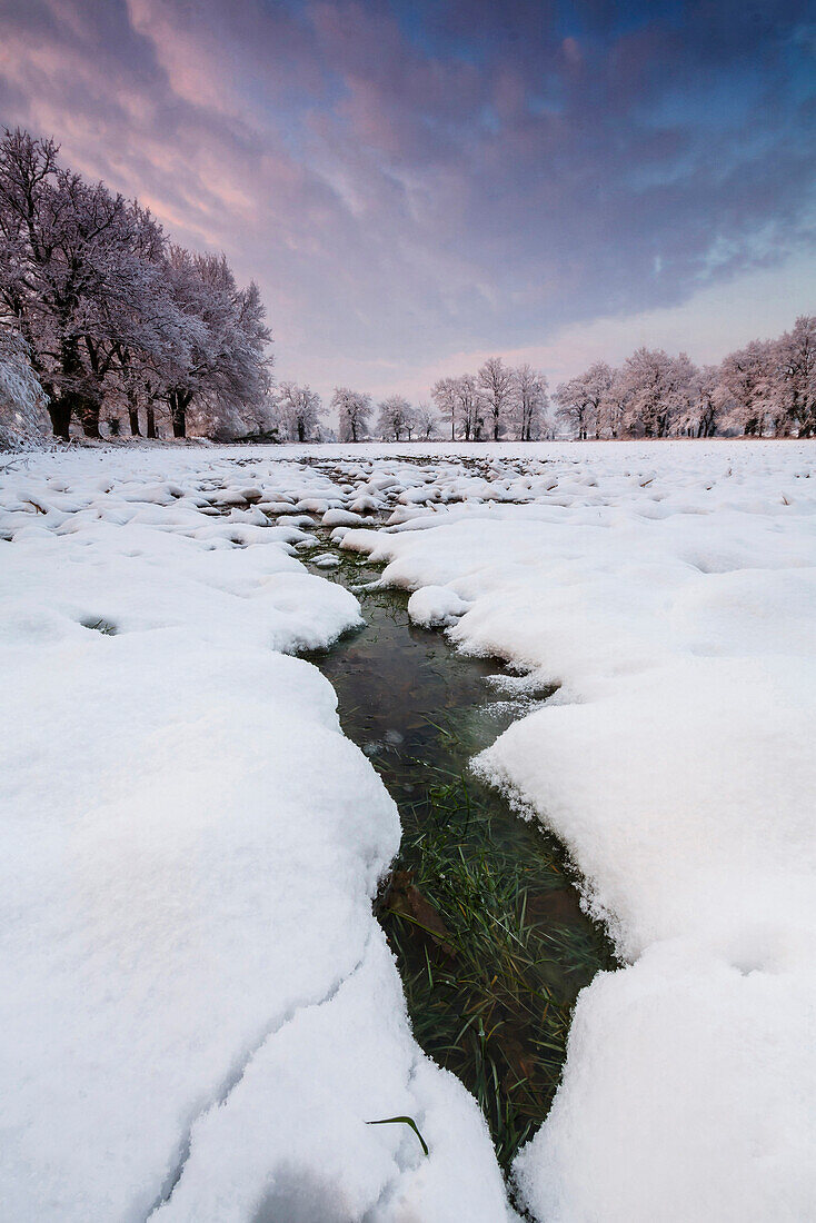 France, Aquitaine, Pyrenees, Atlantiques, Puddle of water in the middle of a snow-covered field during sunset