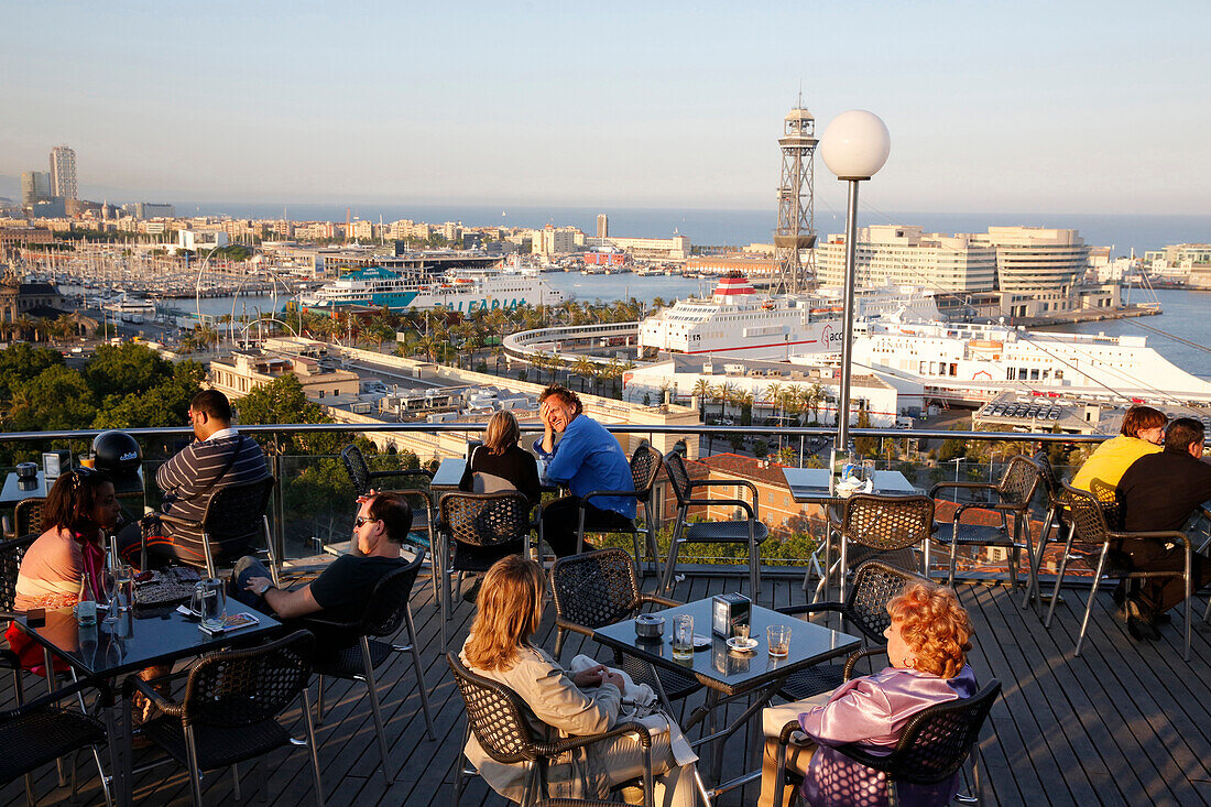 Café overlooking Barcelona harbour. Barcelona. Spain.