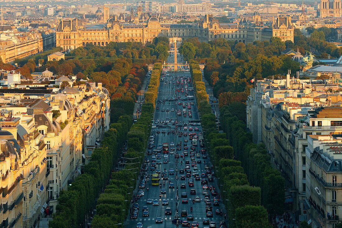 Paris city. The Champs-Elysées seen from the Arc de Triomphe. Paris. France.