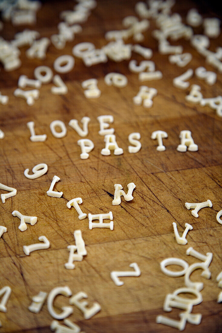 '''Love'' & ''Pasta'' Spelled with Alphabet Noodles'