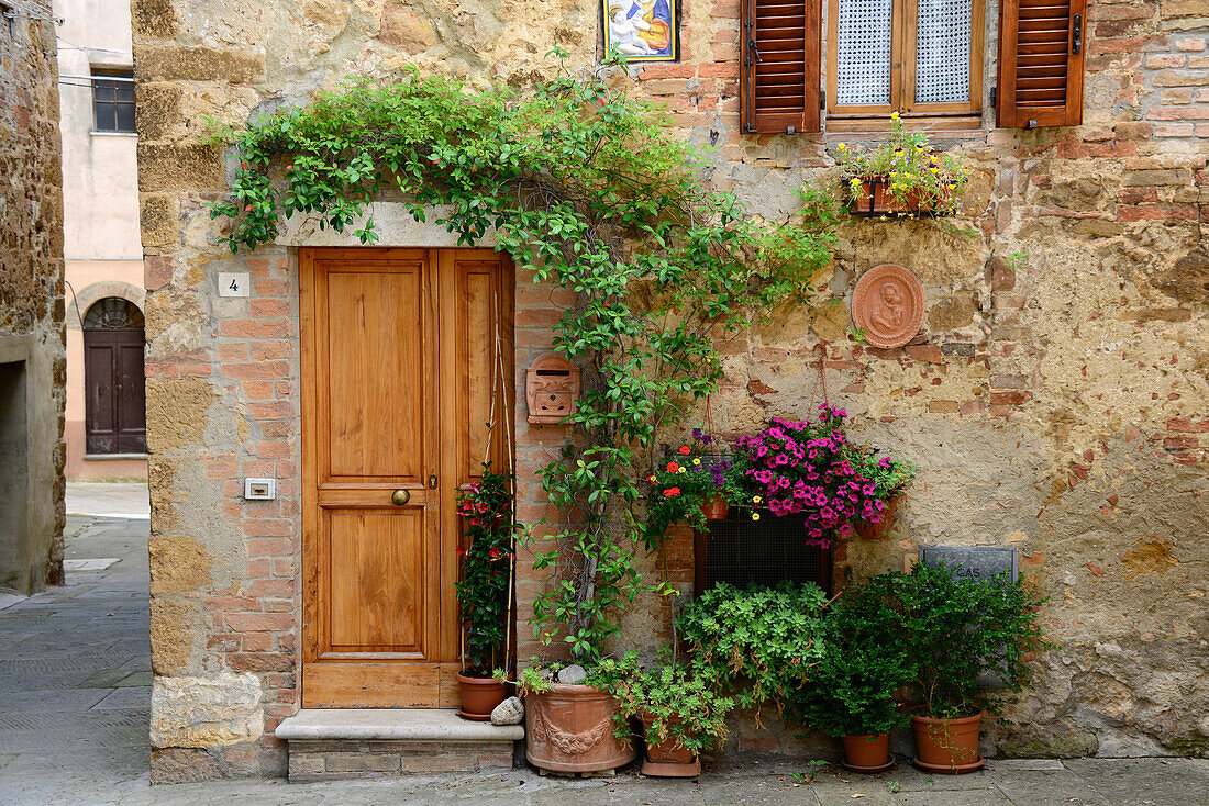 Ivy and Flower Covered Doorway to Quaint Home in Cobblestone Alley, Pienza, Italy