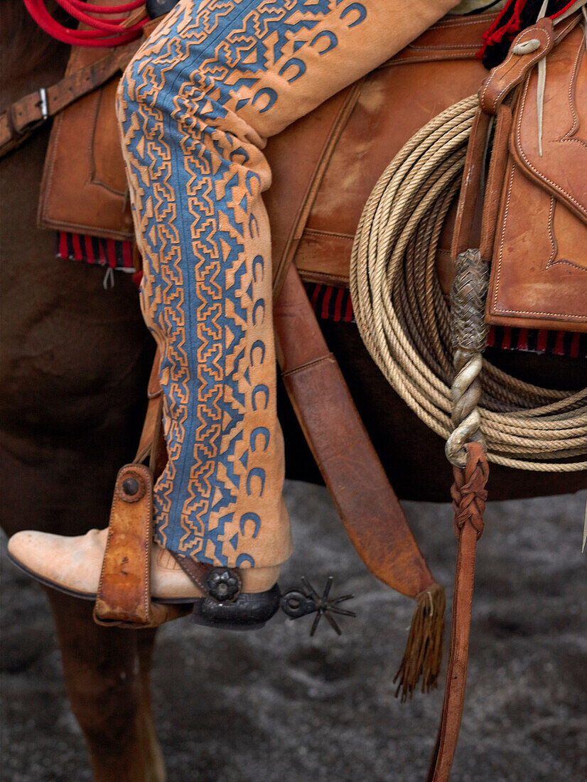Close-Up of Cowboy's Leg with Foot in Stirrup