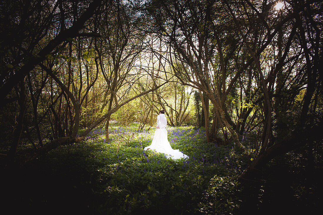 Woman in Long White Dress Standing Amongst Bluebells and Trees, Rear View