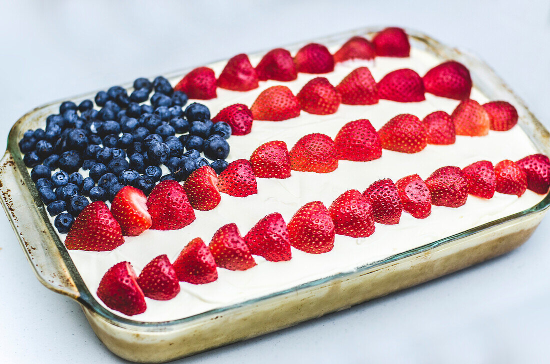 American Flag Cake Decorated with Blueberries and Strawberries