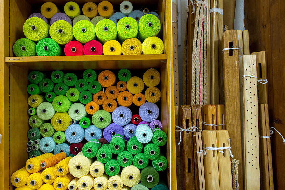 convent Marienberg, parament workshop, reels, thread, coloured, Helmstedt, Lower Saxony, Germany