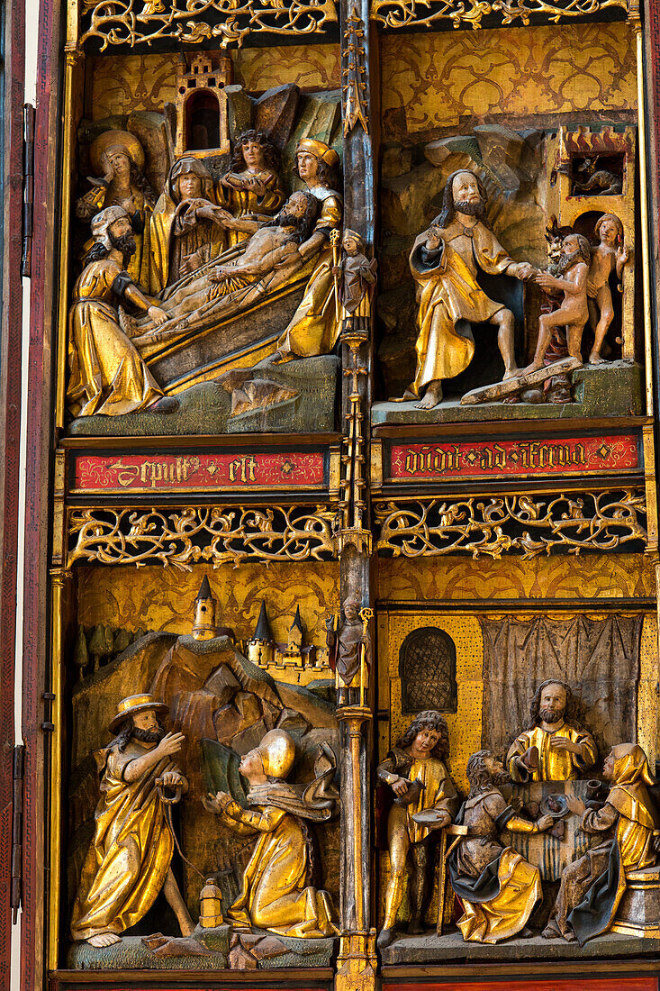Stift Obernkirchen, Flügelaltar, Hochaltar, 1496, in Holz geschnitzte Szenen der Passionsgeschichte, Schaumburger Land, Niedersachsen, Norddeutschland, Deutschland