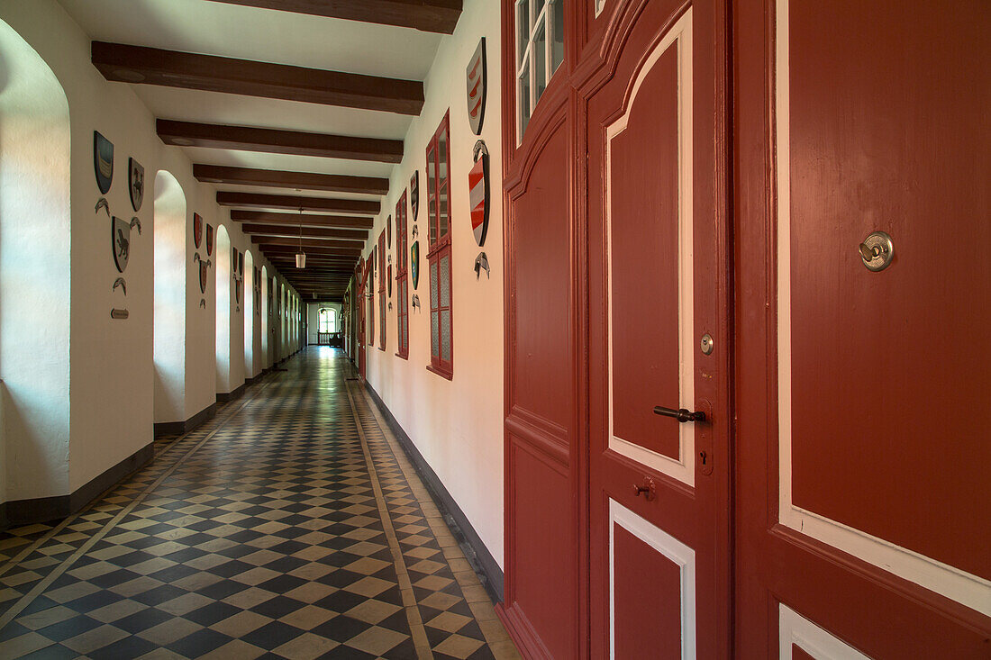 Walsrode Abbey, long corridor, brick architecture, Walsrode Abbey, Lower Saxony, Germany