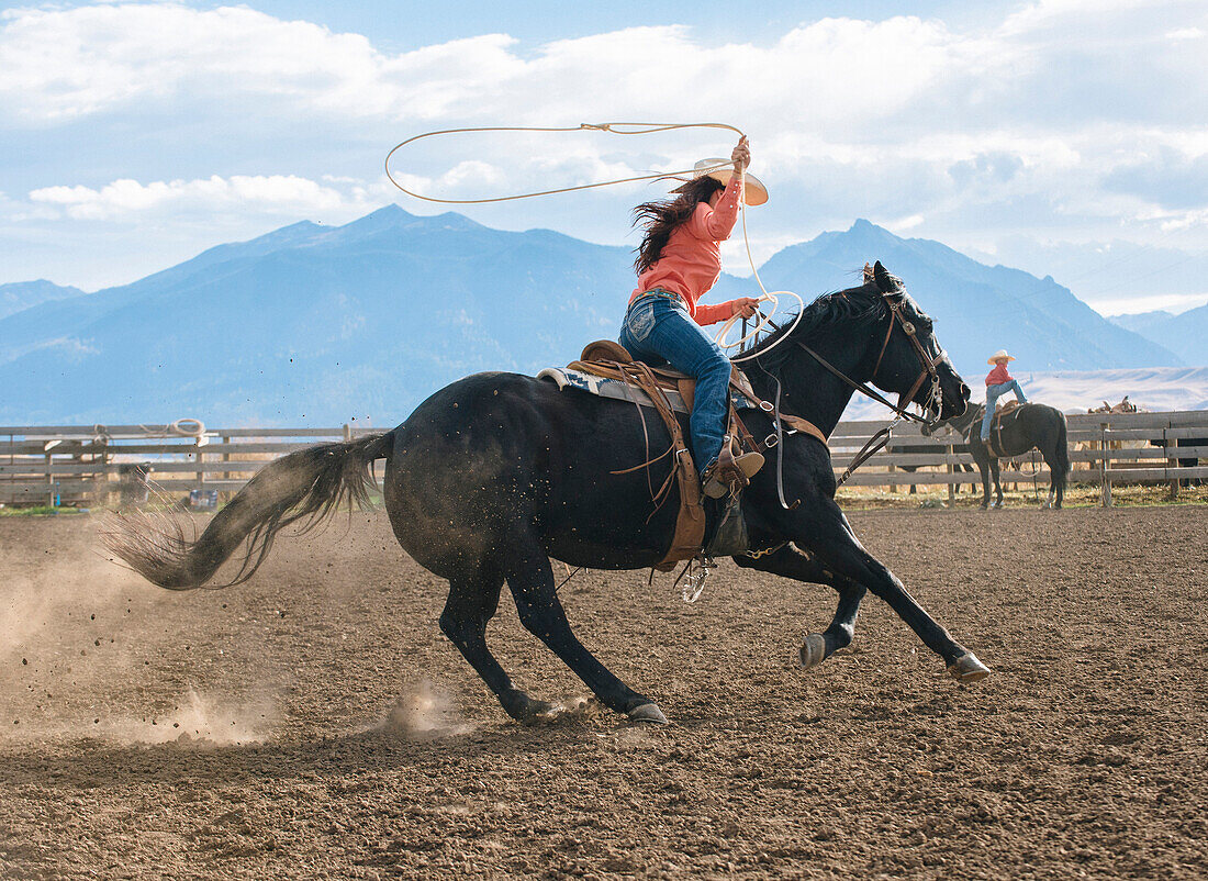 Caucasian woman using lasso on horse at rodeo, Jospeh, Oregon, USA