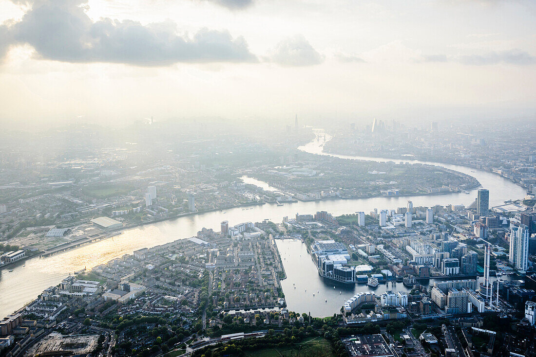 Aerial view of London cityscape and river, England, London, England, England