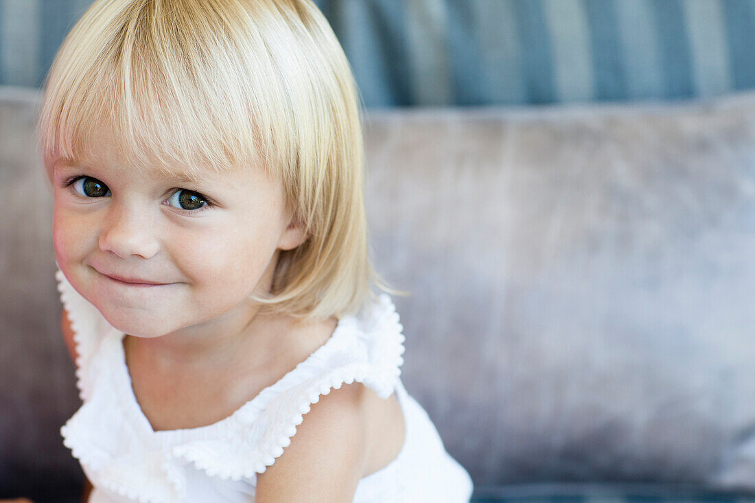 High angle view of smiling Caucasian girl, C1