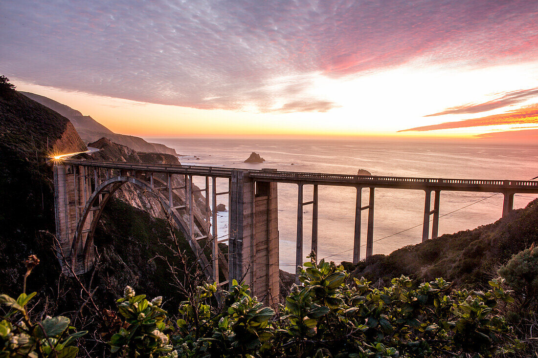 High angle view of Bixby Bridge and sunset sky, Big Sur, California, United States, Big Sur, California, United States