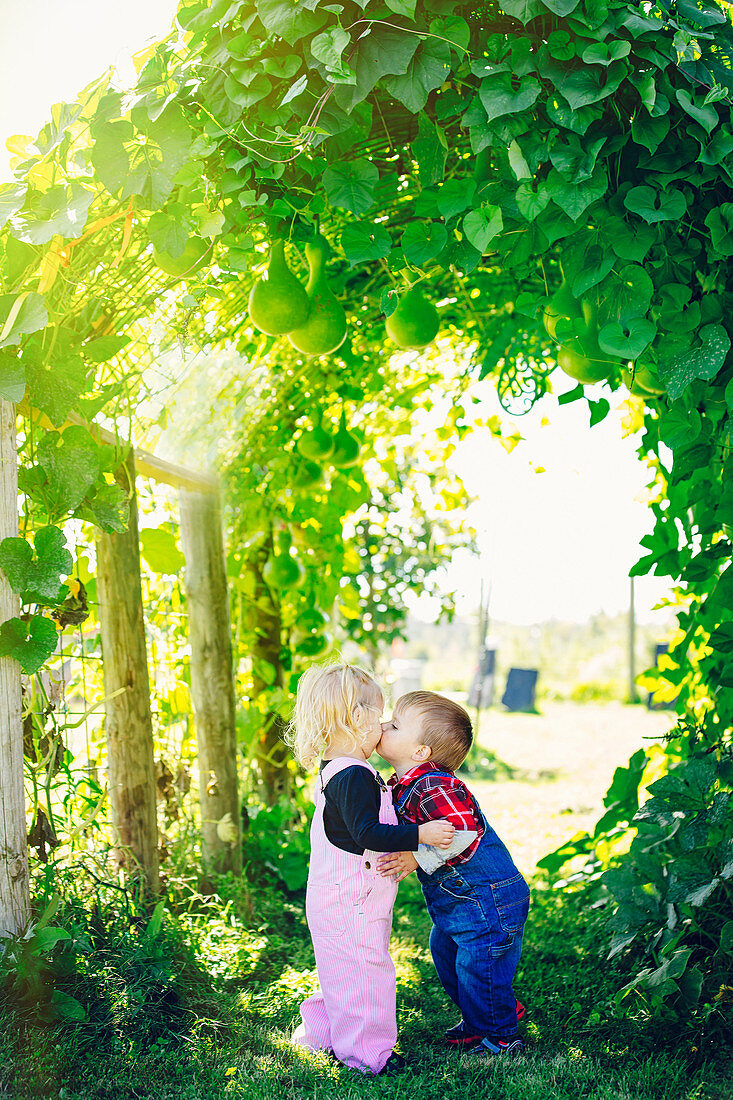 Caucasian children kissing under ivy leaves, Omaha, Nebraska, USA