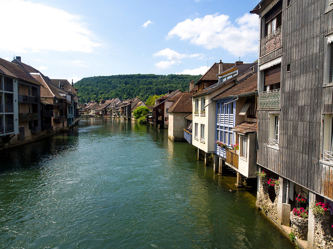 France, Eastern France, Ornans and la Loue river from the bridge