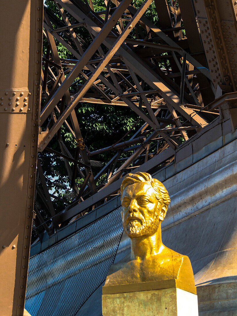 France, Paris, Bust of Gustave Eiffel at the foot of the Eiffel tower