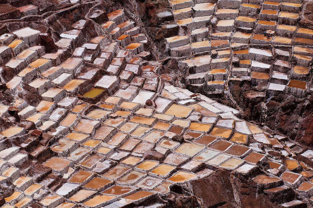 South America, Peru, Cuzco region, Urubamba Province, Inca sacred valley, Las Salinas de Maras, the 3000 evaporation basins of salt in use since the Inca period