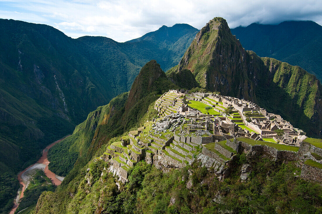 'South America, Peru, Cuzco region, Urubamba Province, Unesco World heritage since 1983, Machu Picchu (''old mountain''), aerial view'