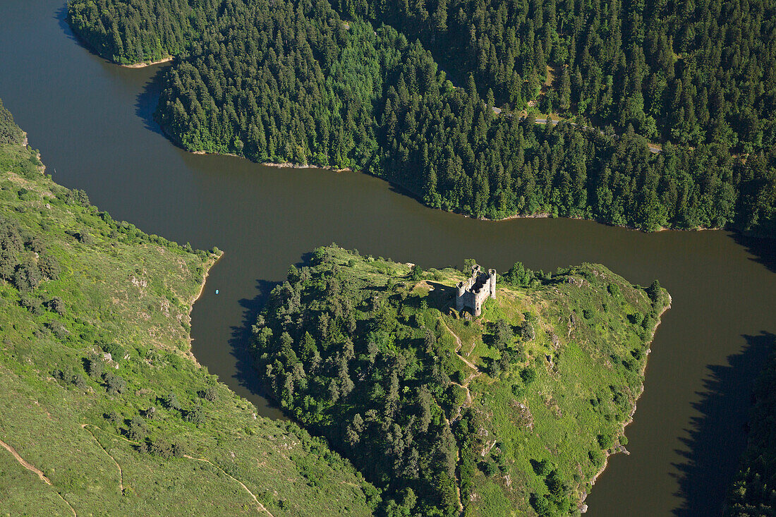 France, Cantal (15), Château d'Alleuze is a castle located in the gorges and appeasing (aerial photo)
