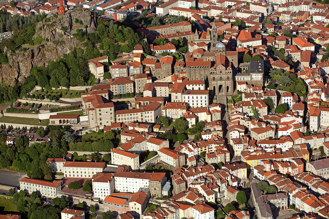 France, Haute-Loire (43), Le Puy-en-Velay city from La via Podiensis (aerial photo)