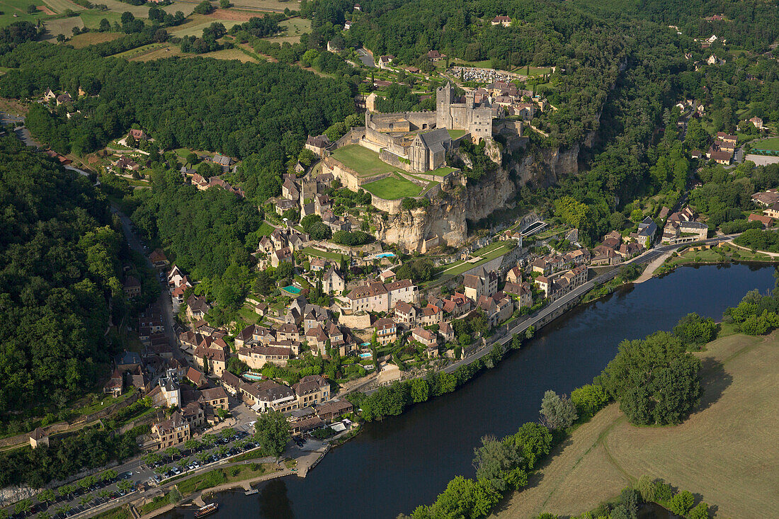 France, Dordogne (24), Beynac-et-Cazenac town labeled the most beautiful villages of France, (aerial view)