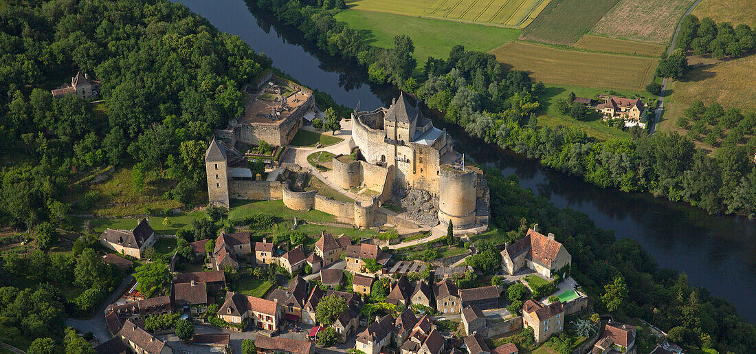 France, Dordogne (24) Castelnaud-la-Chapelle town labeled the most beautiful villages of France, (aerial view)