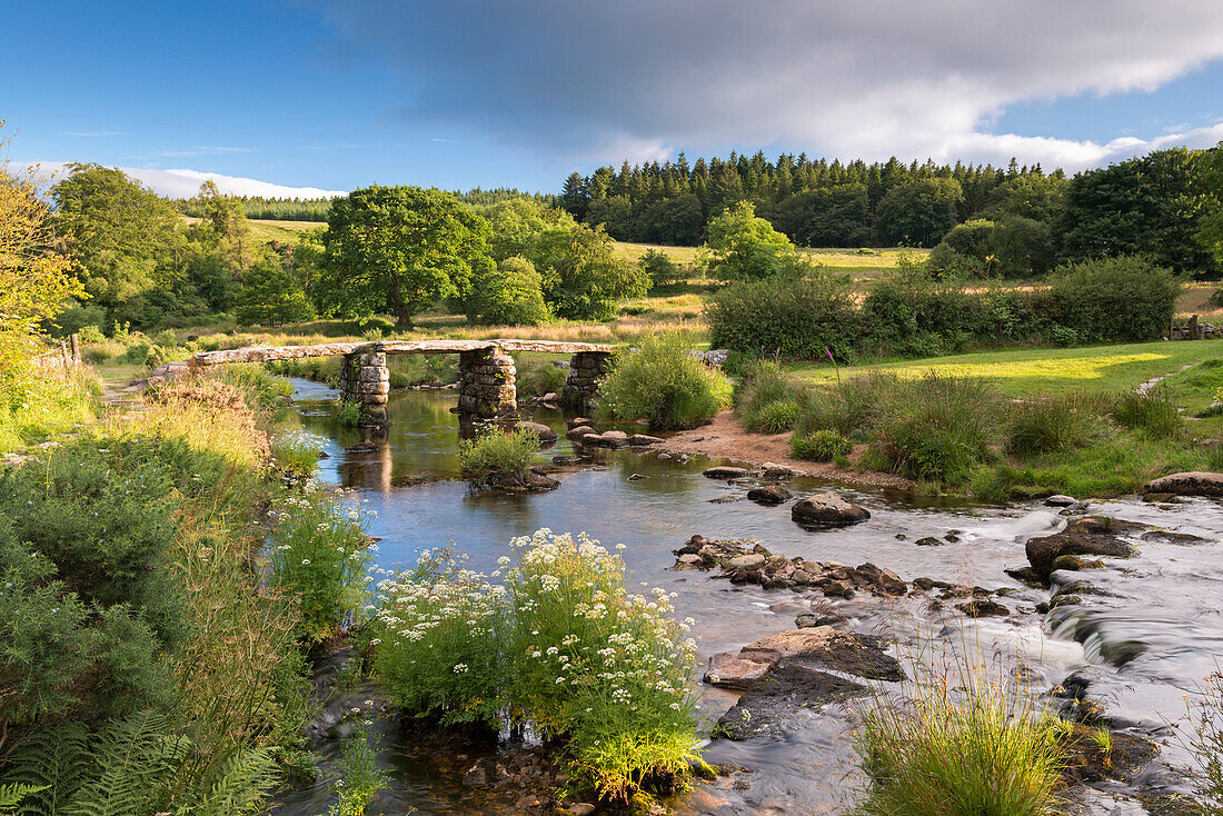 Ancient clapper bridge at Postbridge, Dartmoor National Park, Devon, England, United Kingdom, Europe