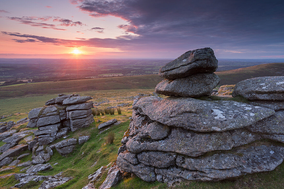 Beautiful sunset over Arms Tor in summer, Dartmoor, Devon, England, United Kingdom, Europe