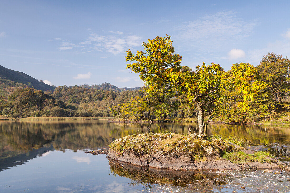 The still water of Rydal Water in the Lake District National Park, Cumbria, England, United Kingdom, Europe