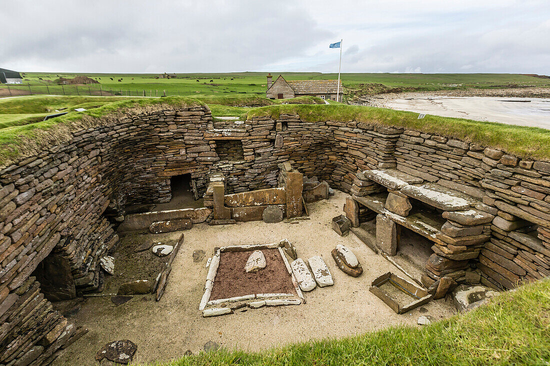 Excavated 5000 year old village site of Skara Brae, UNESCO World Heritage Site, on Mainland Island, Orkney Archipelago, Scotland, United Kingdom, Europe