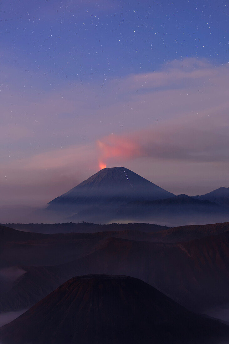 Active Gunung Bromo volcano at night, Bromo-Tengger-Semeru National Park, Java, Indonesia, Southeast Asia, Asia