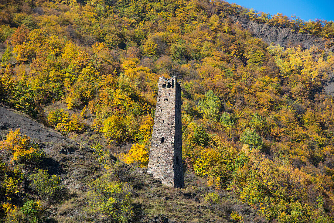 Chechen watchtower in the Chechen Mountains near Itum Kale, Chechnya, Caucasus, Russia, Europe