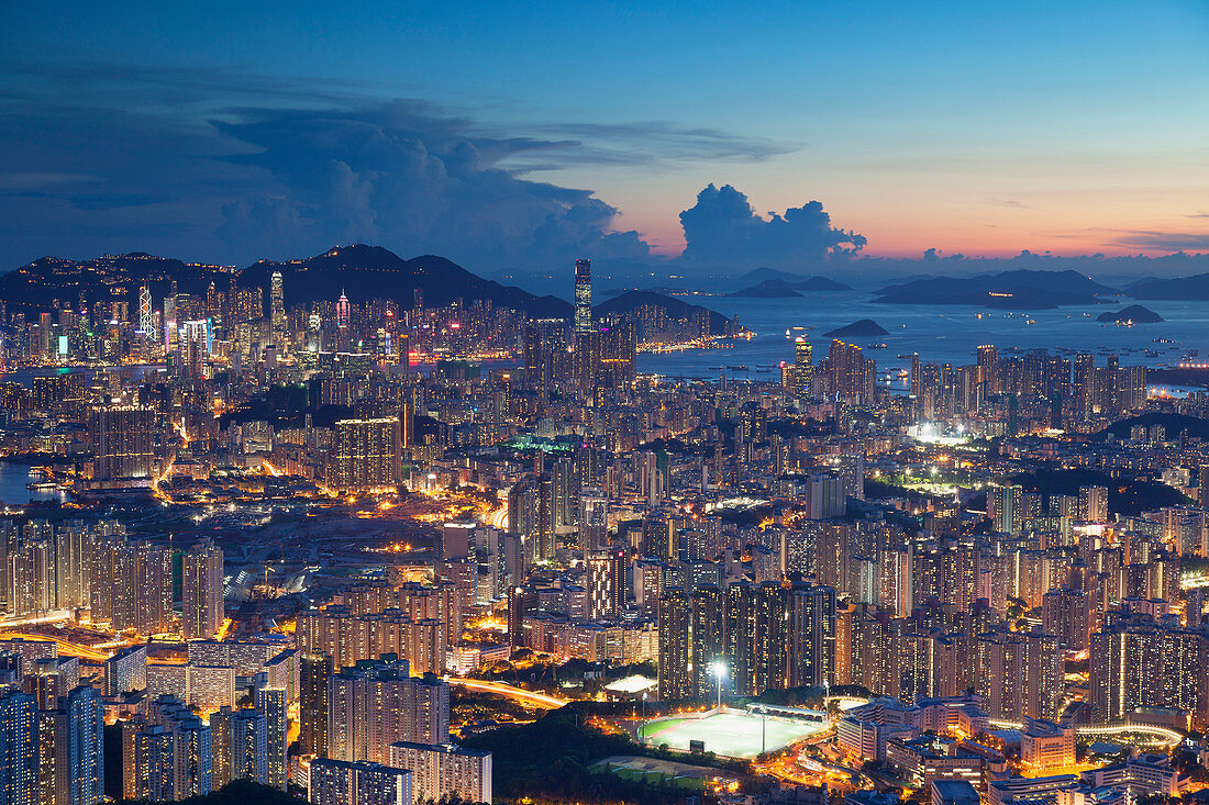 View of Kowloon and Hong Kong Island at sunset, Hong Kong, China, Asia