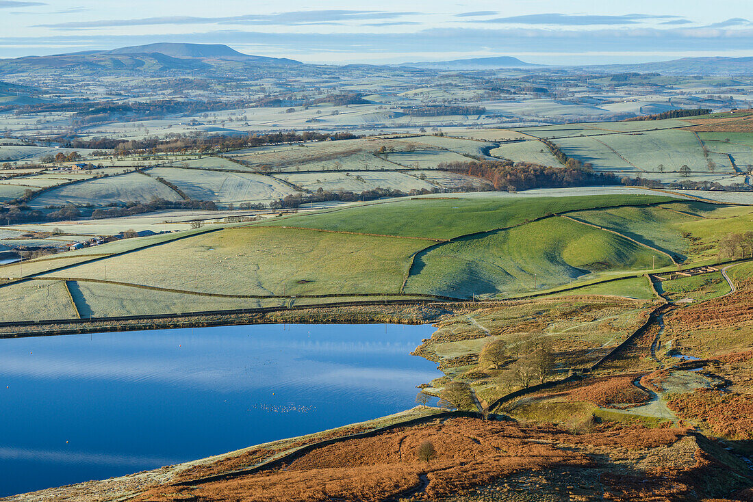 Early morning view in late autumn from Embsay Crag, overlooking the reservoir and Pendle Hill beyond, North Yorkshire, Yorkshire, England, United Kingdom, Europe
