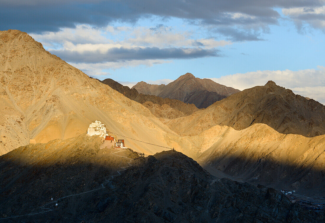 Evening view from Shanti Stupa to the Namgyal Tsemo fort and monastery (gompa), Leh, Ladakh, India, Asia