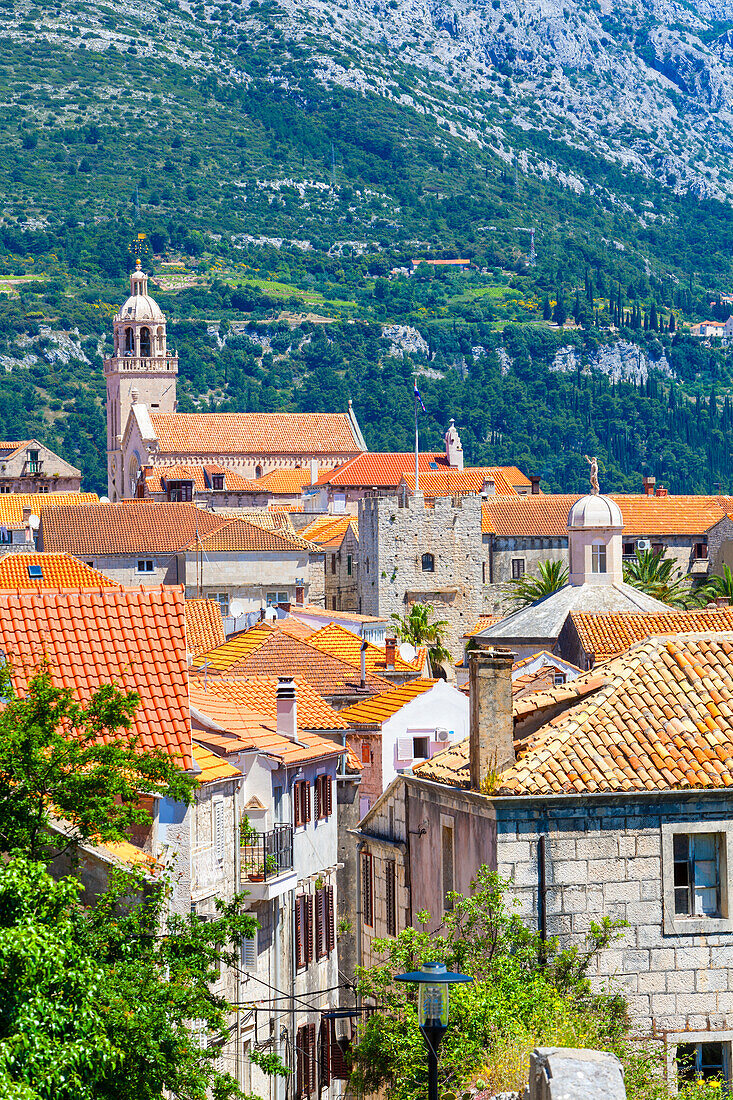 Elevated view over picturesque Korcula Town, Korcula, Dalmatia, Croatia, Europe