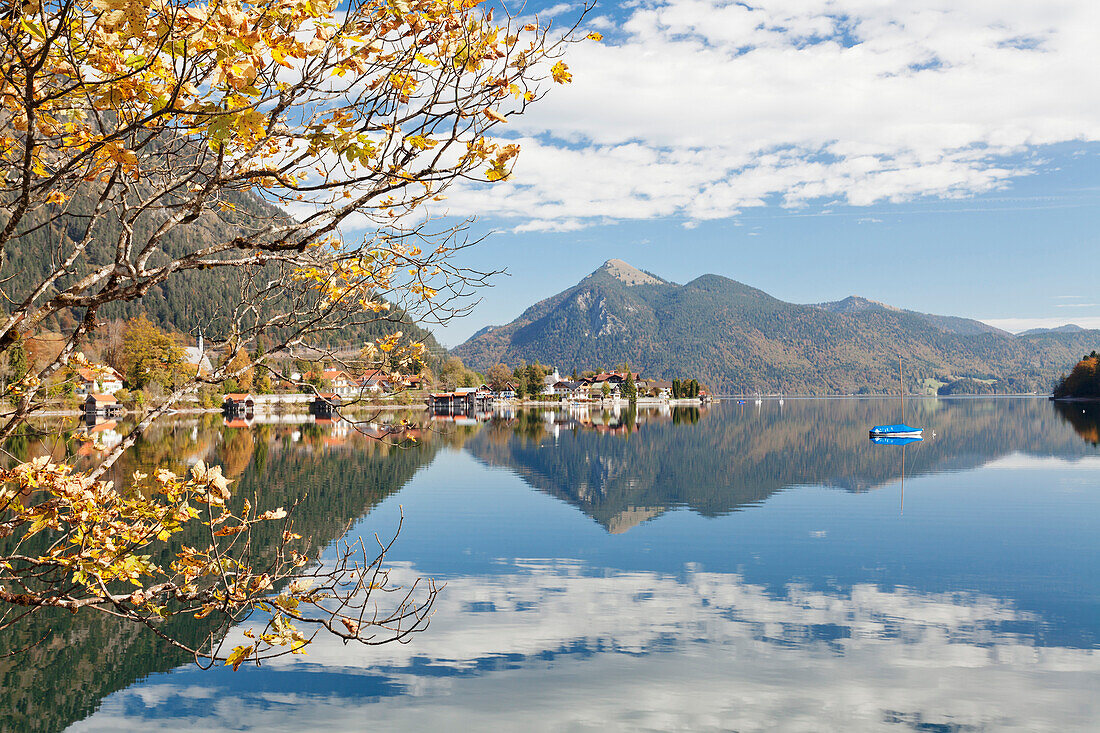 Walchensee Village and Jochberg Mountain reflecting in Walchensee Lake in autumn, Bavarian Alps, Upper Bavaria, Bavaria, Germany, Europe