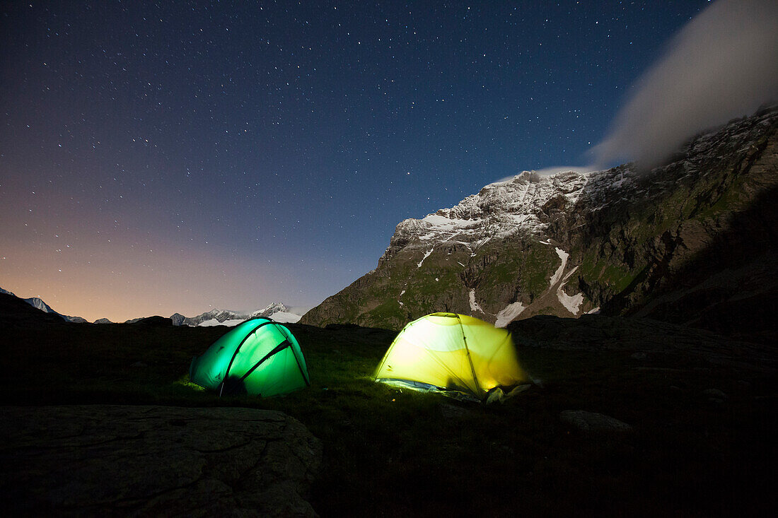 Camping wild under a starry sky, Valmalenco, Valtellina, Lombardy, Italy, Europe