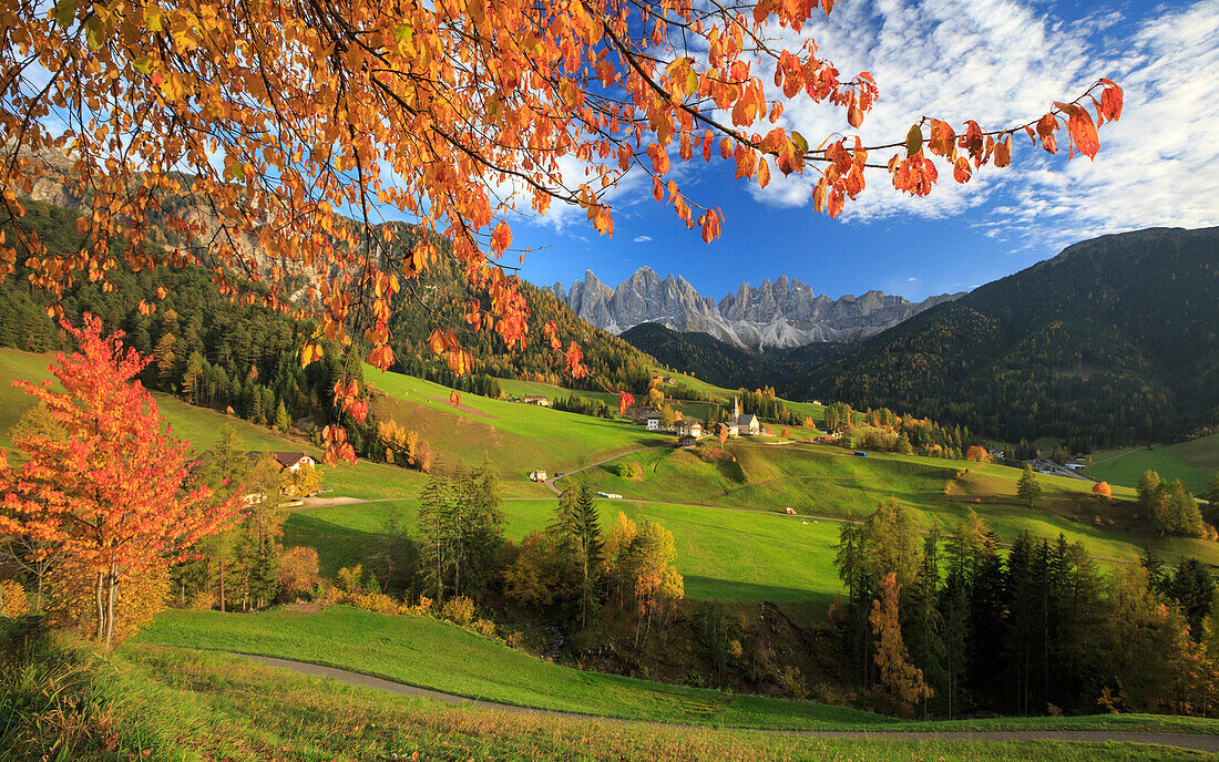 Beautiful landscape of the Val di Funes where the main landmark is the Odle/Geisler Dolomite Massif, South Tyrol, Italy, Europe