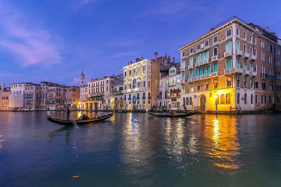 Gondolas crossing the Grand Canal at the blue hour, Venice, UNESCO World Heritage Site, Veneto, Italy, Europe