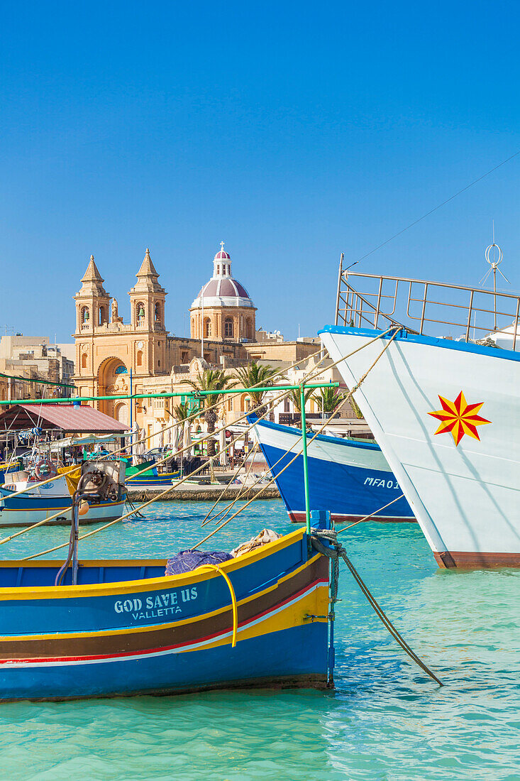 Marsaxlokk Harbour, Our Lady of Pompeii Church and traditional fishing boats, Marsaxlokk, Malta, Mediterranean, Europe