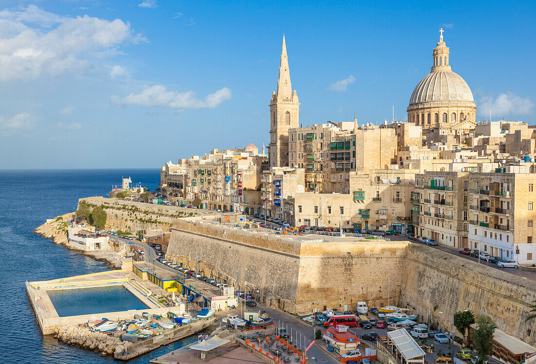 Valletta skyline with the dome of the Carmelite Church and St. Pauls Anglican Cathedral, Valletta, Malta, Mediterranean, Europe