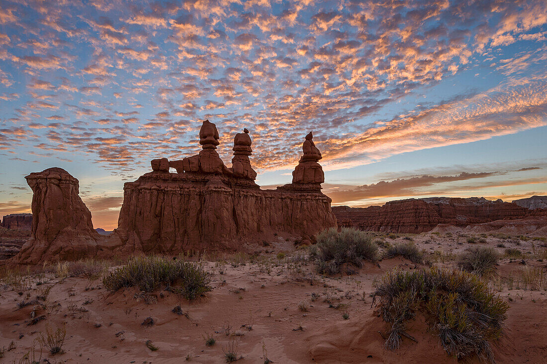 The Three Judges at sunrise, Goblin Valley State Park, Utah, United States of America, North America