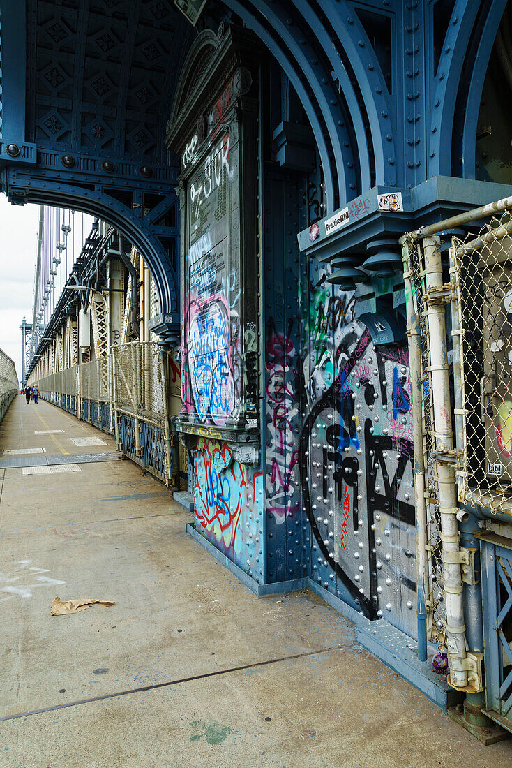 Pedestrian walkway and graffiti, Manhattan Bridge, New York City, New York, United States of America, North America